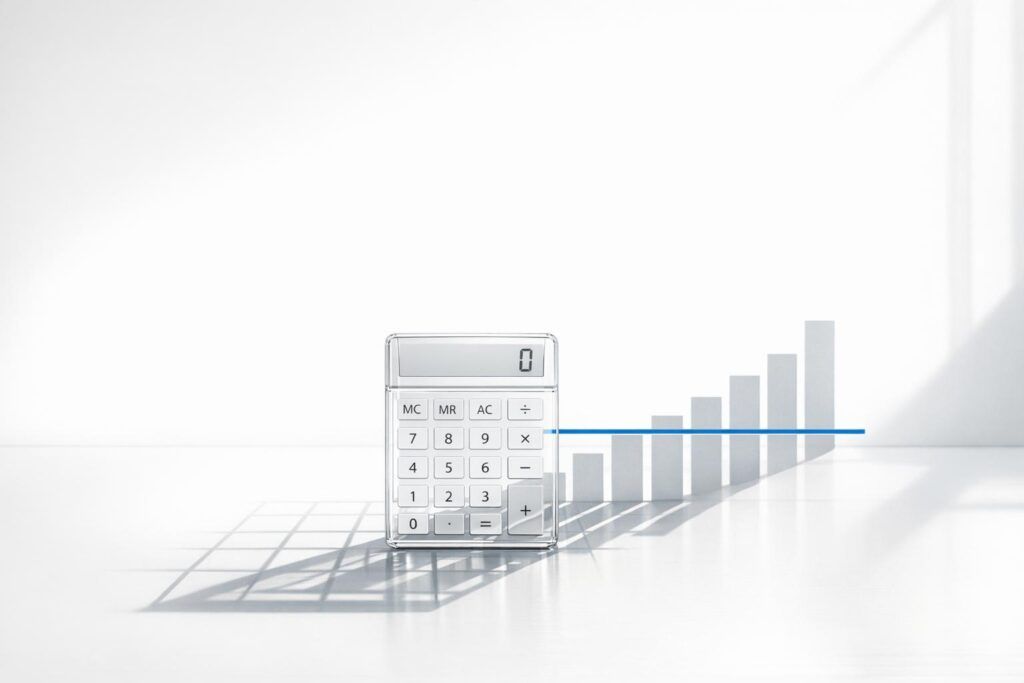 Calculator beside a rising bar chart, representing the calculation of AI return on investment