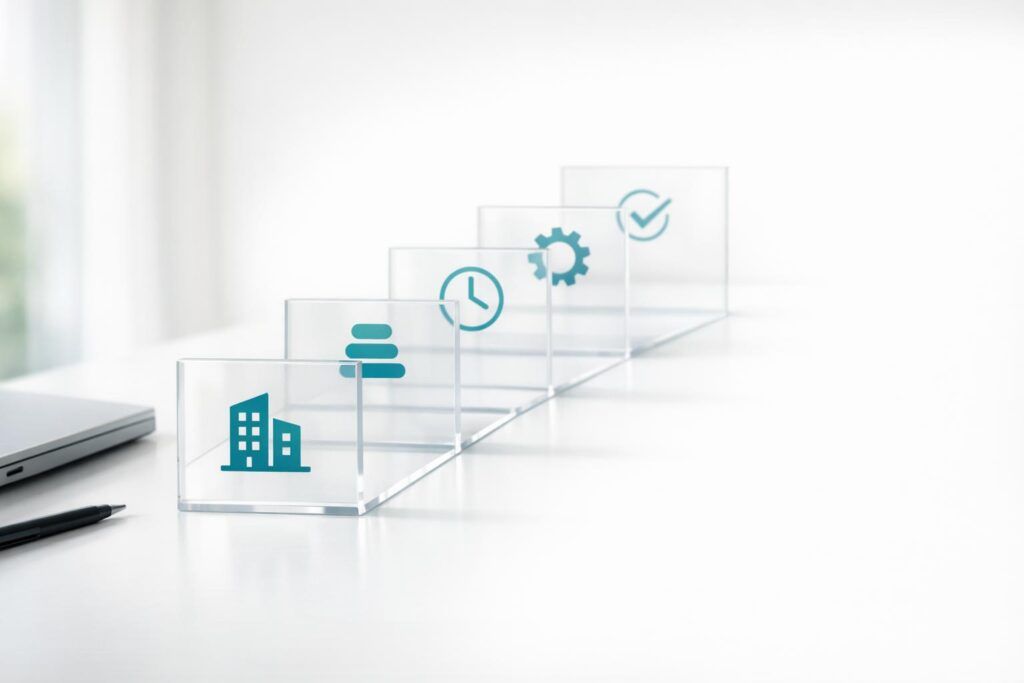 Sequence of glass panels with building, data, clock, gear and checkmark icons, representing the stages of an AI implementation plan