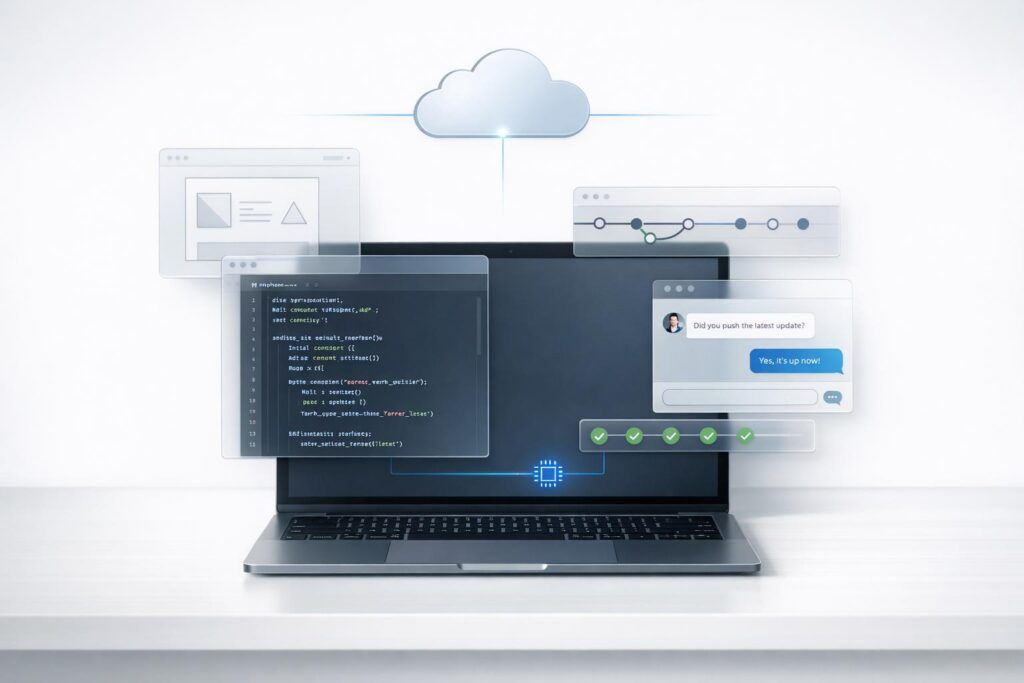 Laptop with floating code editor, cloud and chat windows, representing the OpenAI Codex desktop app